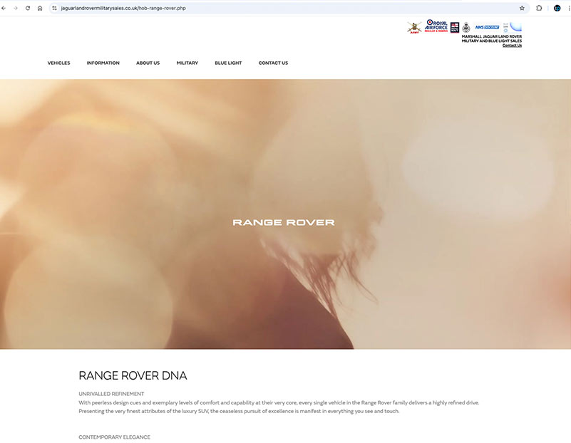 Website for Jaguar Land Rover Military Website New Home Page House of Brands Range Rover Page