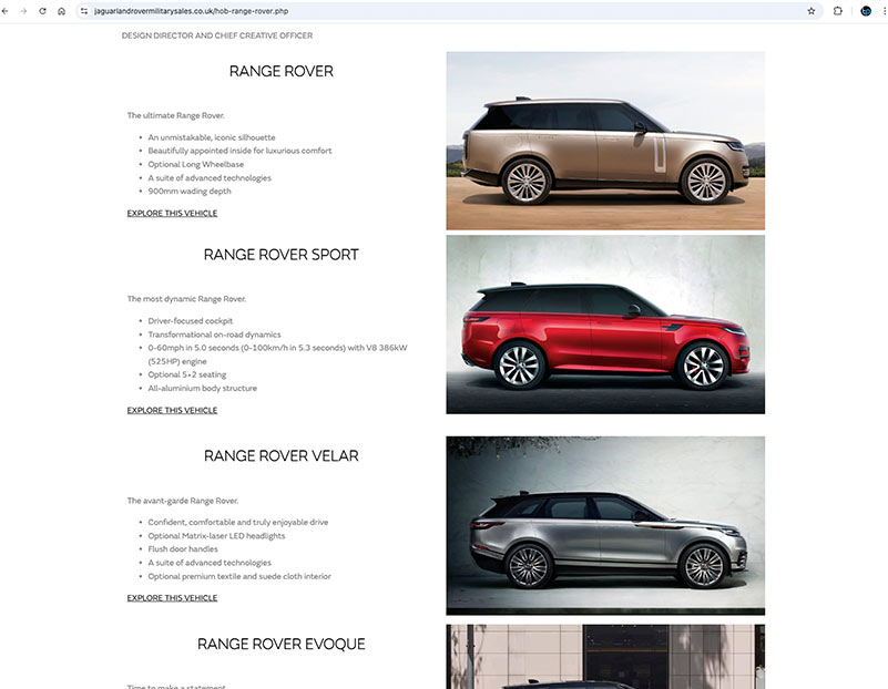 Website for Jaguar Land Rover Military Website New Home Page House of Brands Range Rover Page